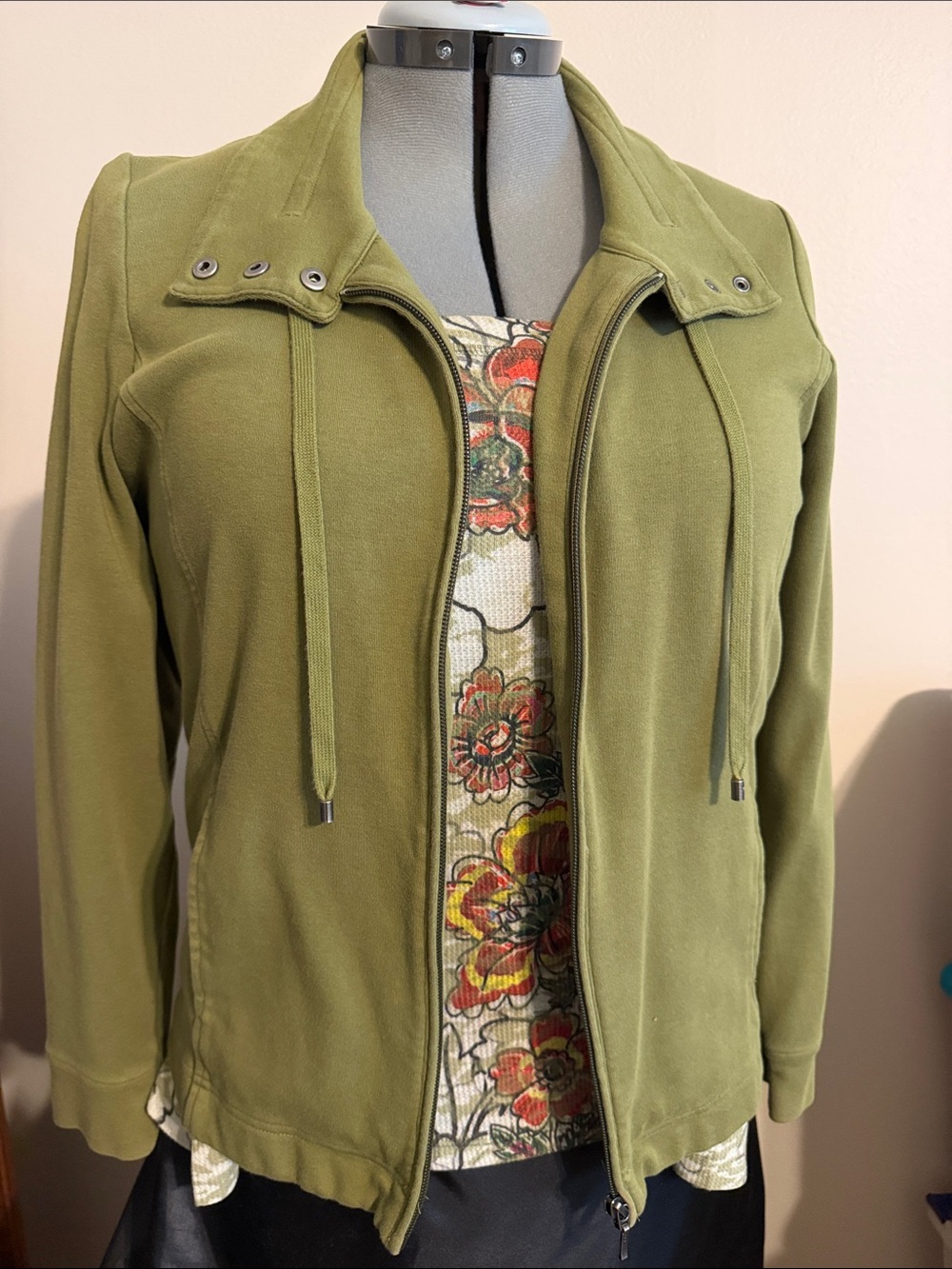 Olive Green Women's Zip-Up Jacket with Drawstring Hood and coordinating Shirt